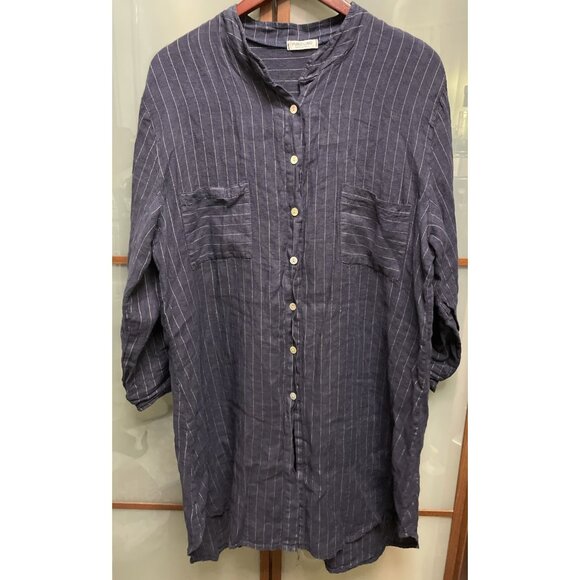 Puro Lino Navy Blue Pinstriped Button Up Knit Shirt Dress Size M/L - Picture 1 of 6